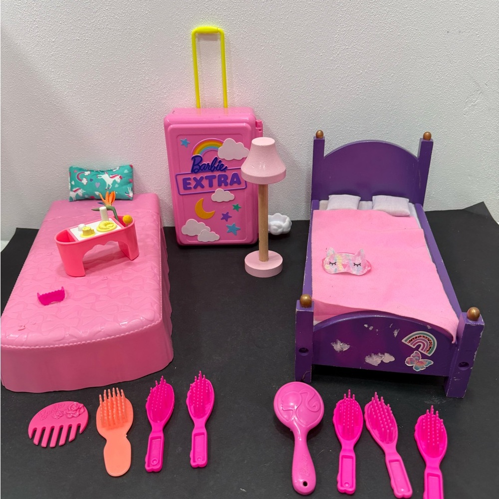 Barbie bedroom playset beds x 2, wooden lamp, luggage and more- PRICE FIRM